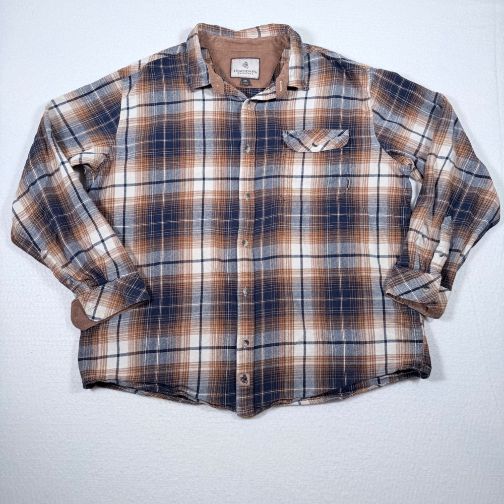 Legendary Whitetails Flannel Shirt‎ Men's 2XL Brown Blue Mustard Plaid Button Up